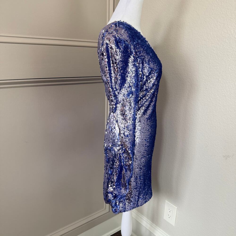 Bardot Blue Sequin One Shoulder Mini Dress Long Sleeve Size S US 4 - Picture 6 of 9